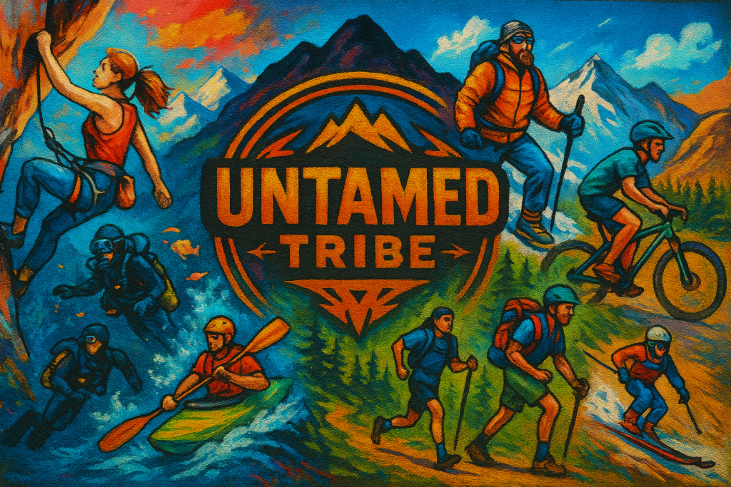 A vibrant illustration featuring individuals engaged in various outdoor activities, such as climbing, kayaking, cycling, and hiking, with the phrase 'UNTAMED TRIBE' prominently displayed at the center.
